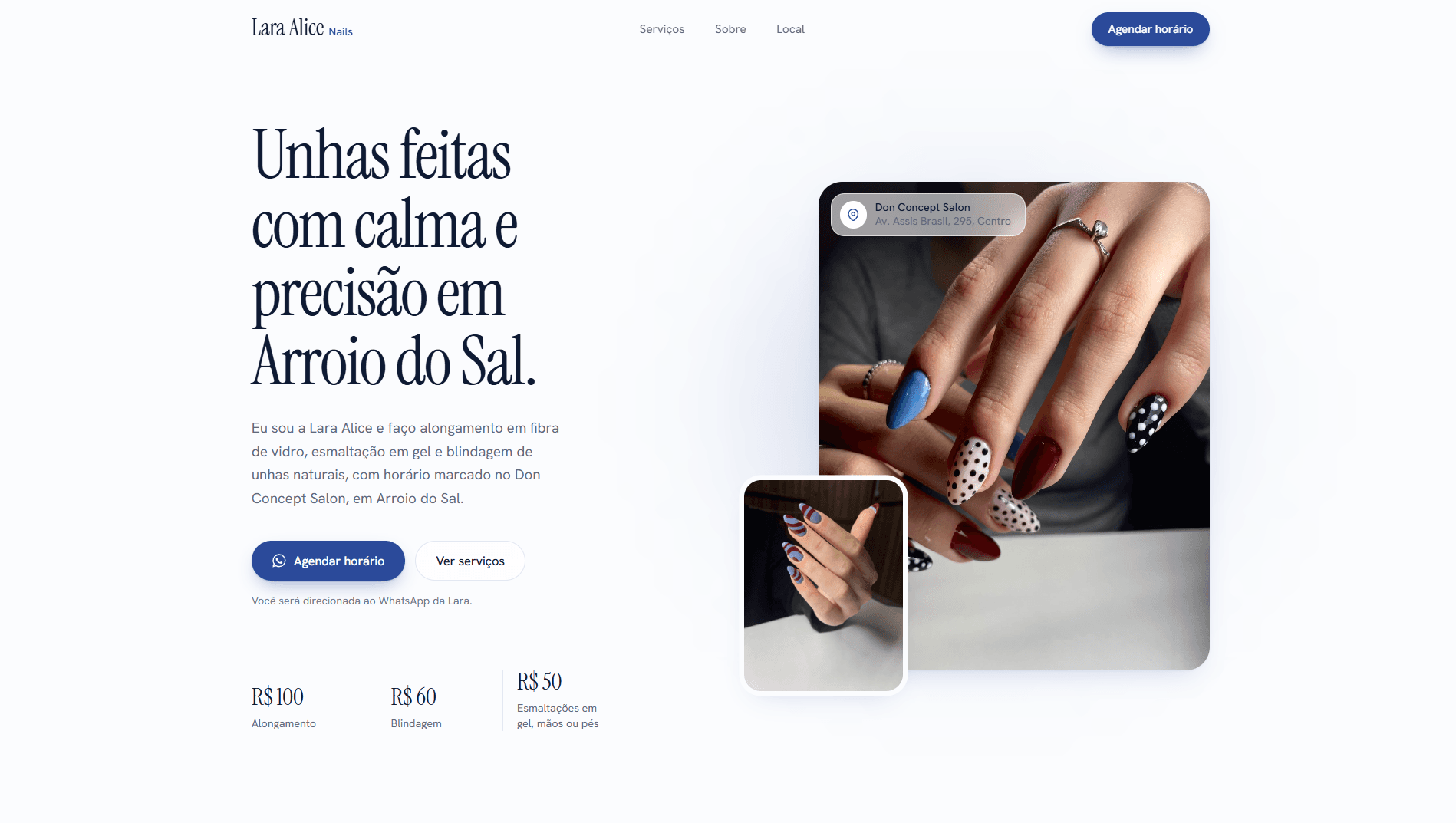 Tela inicial do site Lara Alice Nails