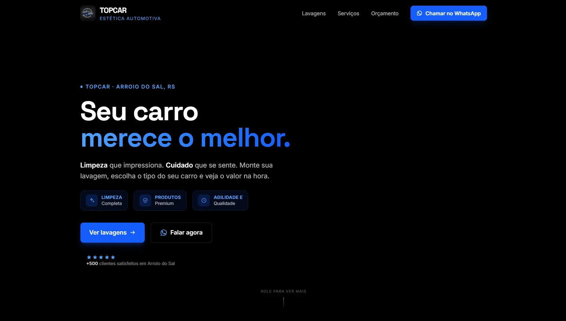 Tela inicial do site Lavagem Topcar