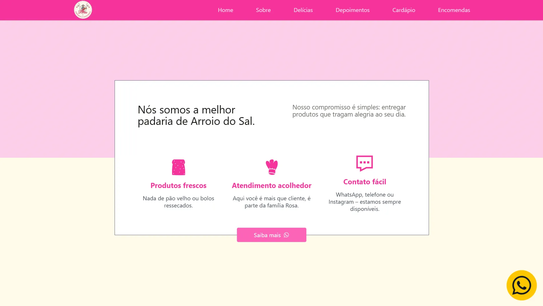 Tela inicial do site Padaria Rosa